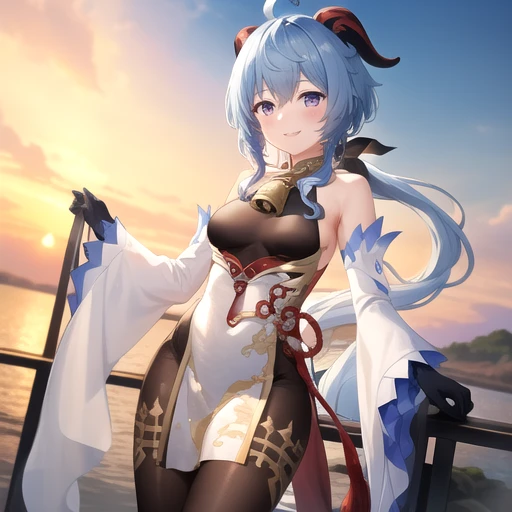 ((masterpiece)),(best quality),official art,extremely detailed CG,unity 8k wallpaper,ultra detailed,A lighthouse on a cliff by the sea,1girl,solo,cowboy shot,looking at viewer,pelvic_curtain,long_hair,detached_sleeves,low_ponytail,bare_shoulders,ahoge,smile,blue_hair,purple_eyes,black_gloves,bodystocking,blush,bangs,medium breasts,sideboob,sidelocks,black_pantyhose,chinese_knot,gold_trim,neck_bell,long_sleeves,goat_horns,tassel,white_sleeves,<lora:Ganyu(gen)>,