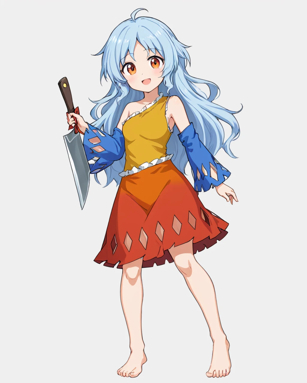 sakata nemuno,1girl, solo, barefoot, single_strap, full_body, multicolored_dress, detached_sleeves, open_mouth, simple_background, white_background, orange_dress, smile, looking_at_viewer, korean_text, red_dress, bare_shoulders, yellow_dress, blue_sleeves, nata_\(tool\), toes, cleaver, medium_breasts, holding_weapon, standing
<lora:sakata_nemuno_image573_2023-12-20-000015:1>,star-shaped_pupils,symbol-shaped_pupils,. gorgeous,key visual, vibrant, studio anime,award-winning, professional, highly detailed,high budget, cinemascope