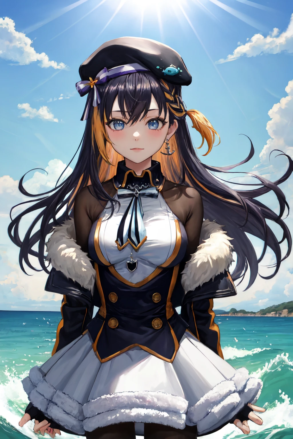 masterpiece, (detailed, highres, best quality), 1girl, <lora:sppetraGurin-10:1> gurin2st, single earring, beret, black headwear, fingerless gloves, collared dress, two-tone bowtie, buttons, black coat, fur trim, bodystocking, black pantyhose, From bellow, day, floating hair, ocean, outdoors, sunlight, upper body, water, waves, wind