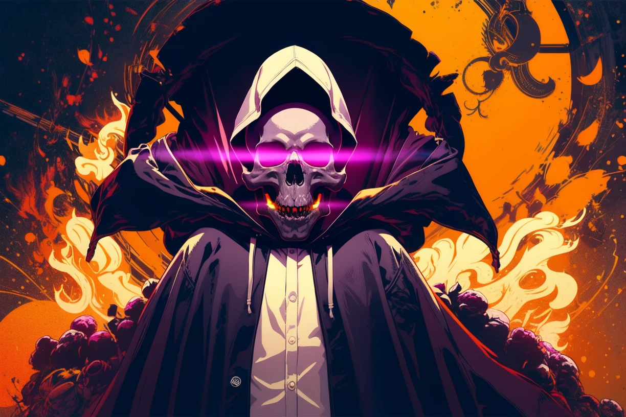 1 boy,skull face,skull, wearing white velvet robe, hoodie up, holding syth, glowing eyes, smirk,evil, purple and orange colour scheme, Halloween , view from far ,Skulls rule (×∆×)