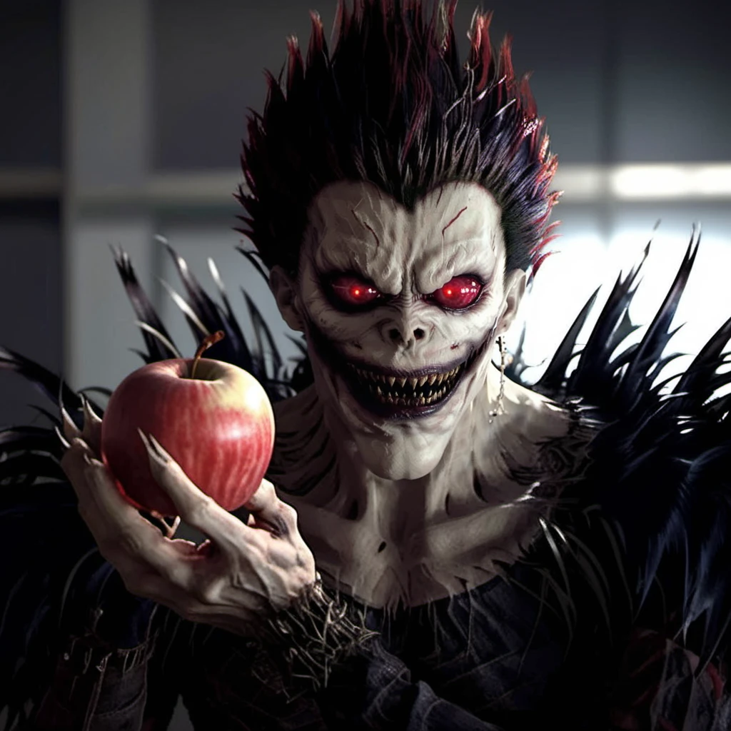 Ryuk1024, a demon, eating a red apple, highly detailed, photography, ultra sharp, film, bokeh, professional, 64k <lora:add-detail-xl:1.5> <lora:Ryuk1024-000544:0.8>