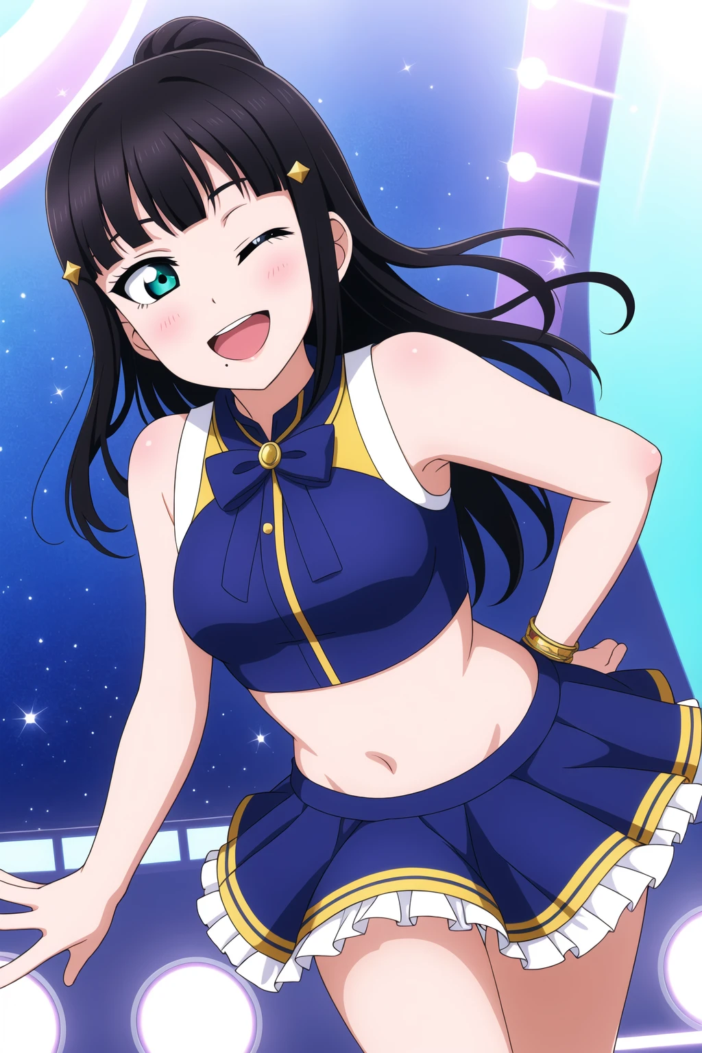 masterpiece, best quality, highres, absurdres, 1girl,
<lora:DiaKurosawa_Mistoon_Locon_CulturedDiffusion:0.6>, dia kurosawa, black hair, aqua eyes, mole under mouth,
idol, dancing, singing,
stage, spotlight, audience,
smile, open mouth, one eye closed, hand on own stomach, leaning forward