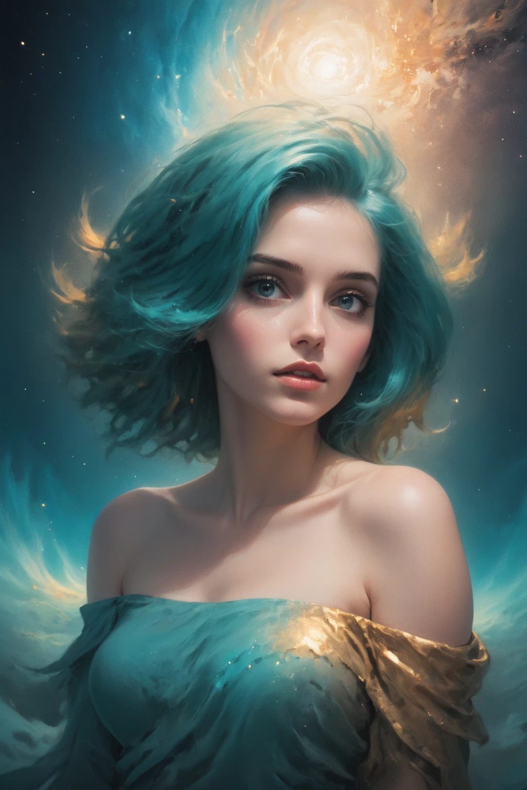 cosmic canvas, Turquoise hair galaxy background, painting of a woman,One-Shoulder Blouse, Layered haircut, long hair, Metallic gold hair, <lora:Cosmic_Canvas_SDXL:1>