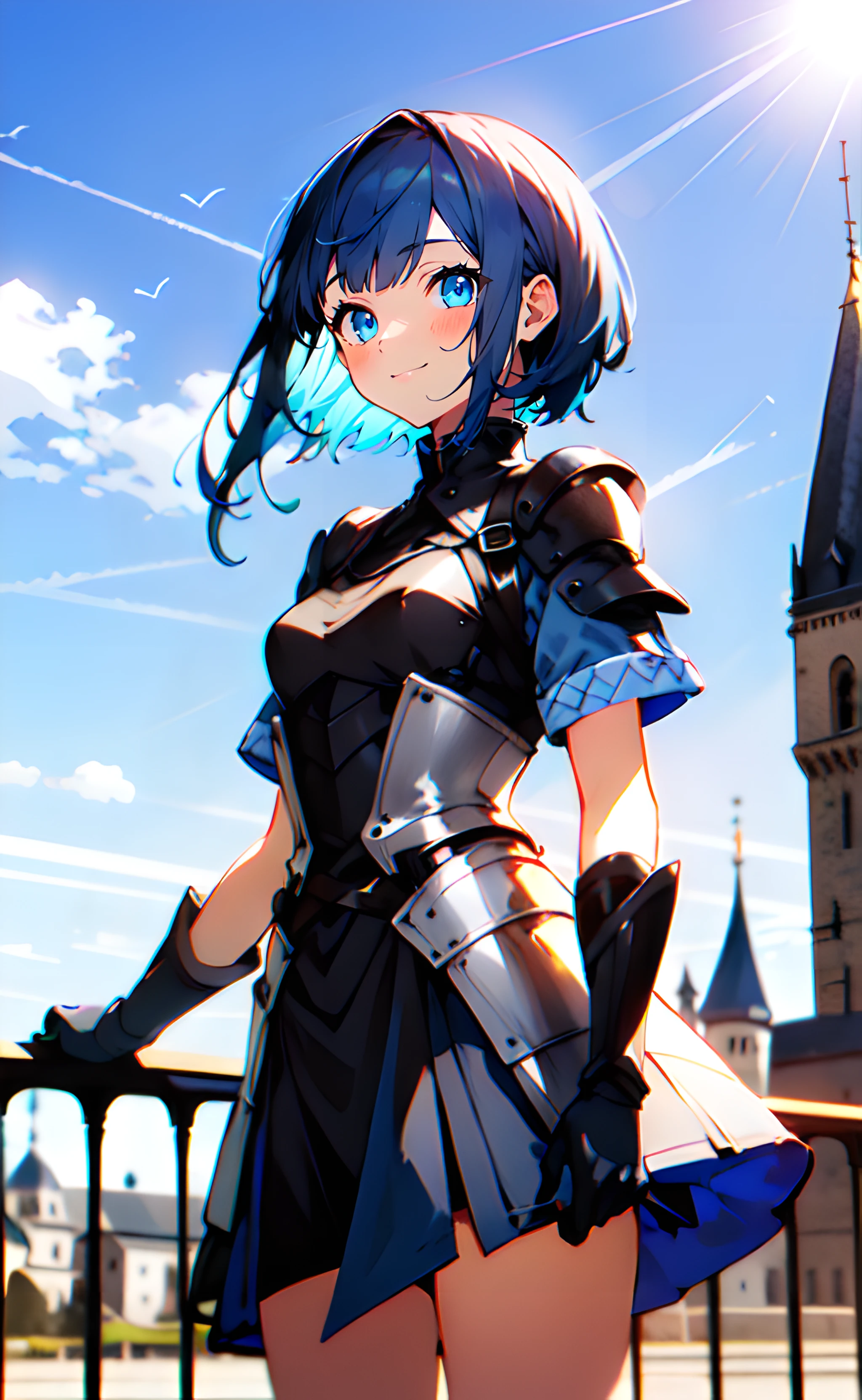 1girl, cowboy shot, standing, short hair, blue hair, blue eyes, armored dress, black dress, short sleeves, black gloves, closed mouth, smile, outdoors, castle, blue sky, sunlight