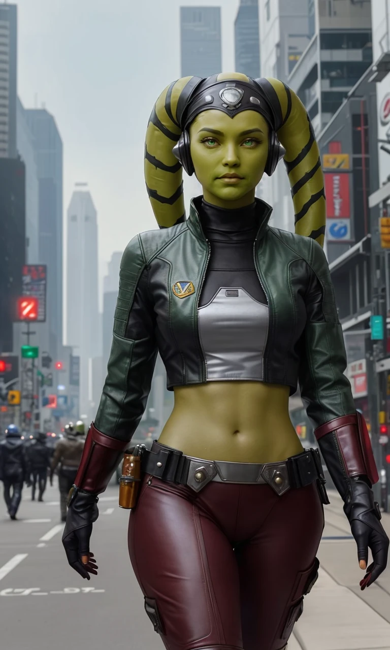 twlk2023, green skinned alien girl, 2 head tails, green skin, best quality, masterpiece, armor, leather outfit, bodysuit, star wars, headband, walking in city, cyberpunk city, jacket, spaceport