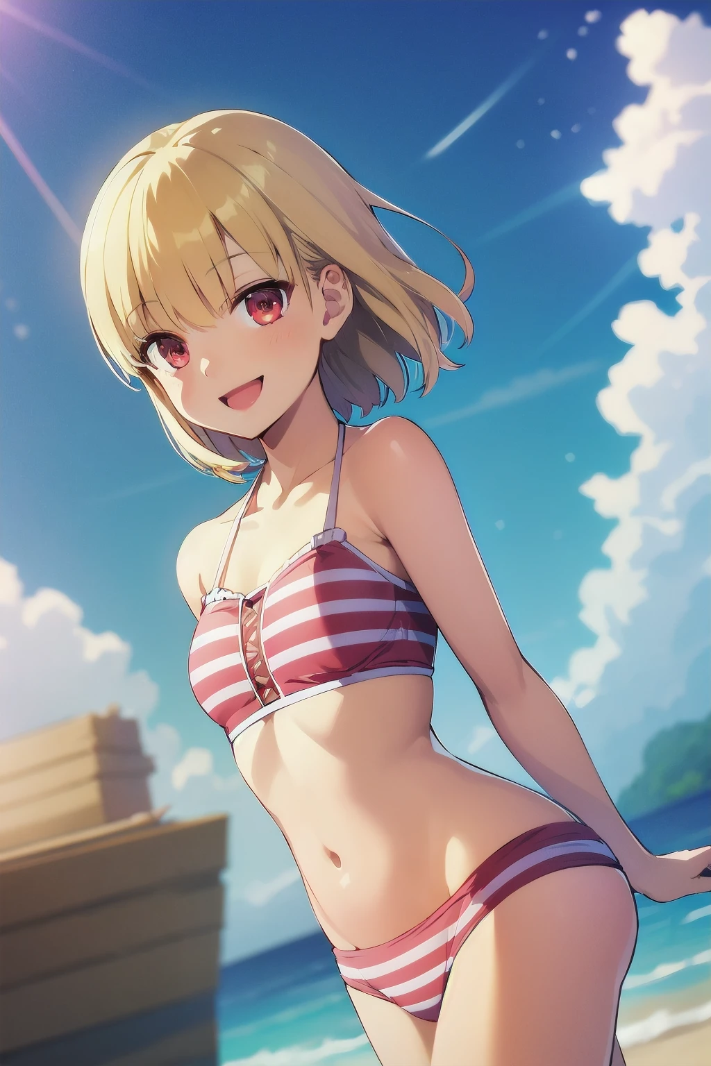 portrait, sharp focus, soft lighting, illustration, depth of field, outdoors, beach, sky, rosetta1, 1girl, solo, looking at viewer, short hair, blonde hair, red eyes,, arms behind back,, striped, bikini, :D smiling, <lora:rosetta1-000003:0.75>