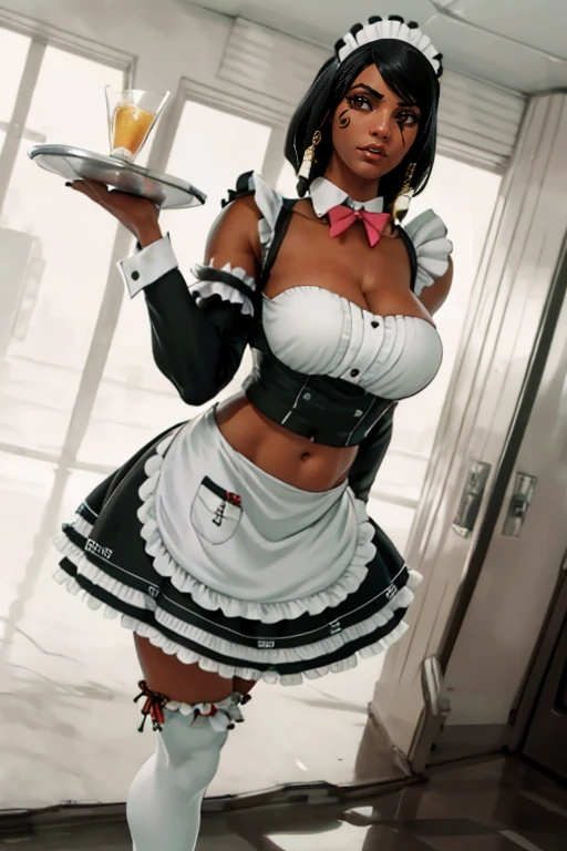 masterpiece,best quality,extreme detail,8k,image sharpness,<lora:pharah-10:1>, pharah2,1girl,solo,breasts,looking at viewer,short hair,skirt,large breasts,black hair,thighhighs,bow,navel,holding,cleavage,brown eyes,full body,braid,frills,food,alternate costume,midriff,dark skin,bowtie,black footwear,apron,high heels,white thighhighs,dark-skinned female,cup,zettai ryouiki,crop top,maid,maid headdress,tattoo,detached collar,watermark,facial mark,arms behind back,waist apron,web address,maid apron,tray,enmaided,holding tray,facial tattoo,eye of horus,