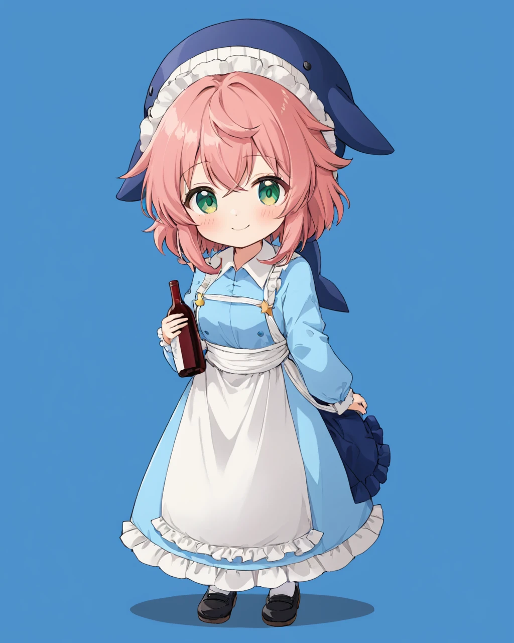 okunoda miyoi,1girl, solo, smile, white_socks, long_sleeves, holding_bottle, white_apron, blue_headwear, black_footwear, full_body, shoes, closed_mouth, blue_dress, standing, blue_background, blue_shirt, blush, white_border, looking_at_viewer, hat, wine_bottle, bobby_socks, frills
<lora:okunoda_miyoi_image445_2023-12-20-000010:1>,star-shaped_pupils,symbol-shaped_pupils,. gorgeous,key visual, vibrant, studio anime,award-winning, professional, highly detailed,high budget, cinemascope