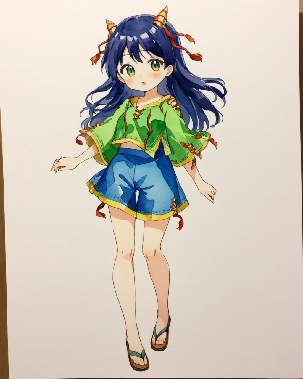 nippaku zanmu,solo, traditional_media, open_mouth, 1girl, holding, horns, blue_skirt, skull, green_shirt, blush, looking_at_viewer, full_body, :d, shorts, painting_\(medium\), standing, watercolor_\(medium\), sandals
<lora:nippaku_zanmu_image235_2023-12-20:1>,star-shaped_pupils,symbol-shaped_pupils,. gorgeous,key visual, vibrant, studio anime,award-winning, professional, highly detailed,high budget, cinemascope