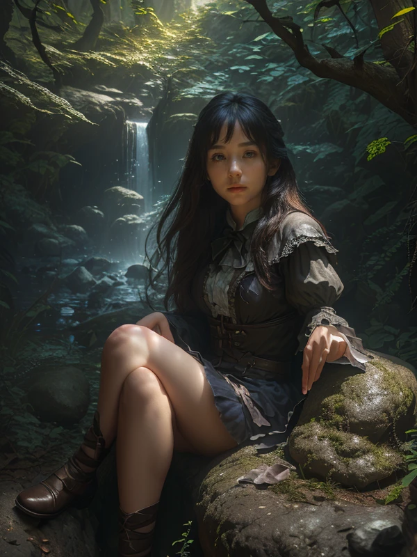 best quality, masterpiece, (realistic:1.2), hdr, detailed, a girl magician sitting in a rock in a magical forest, high quality, masterpiece,soft light, Subsurface scattering