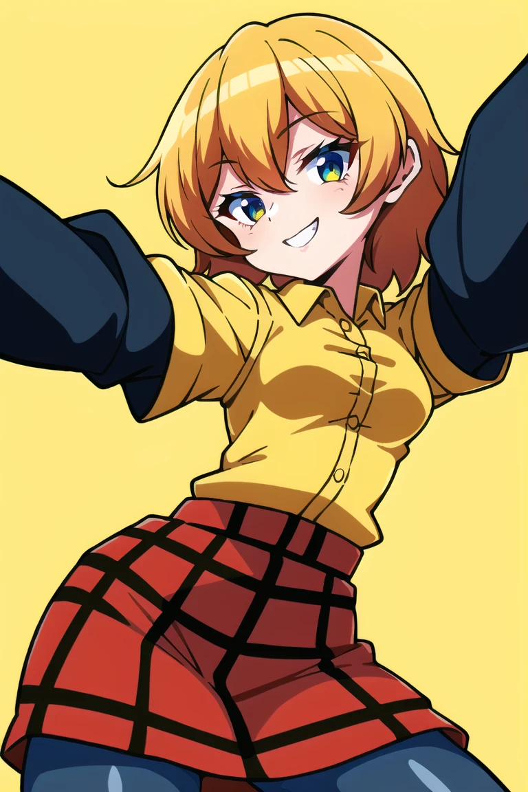 <lora:anime_color_explosion_v1:0.5>SFW, girl, yellow background, anime coloring, retro artstyle, detailed face and eyes, pov, looking away, mature female, adult, small Breasts, Average body, Athletic, Happy, Big smile, Zombie pose, Flannel Shirt, suspender skirt, gold trim,