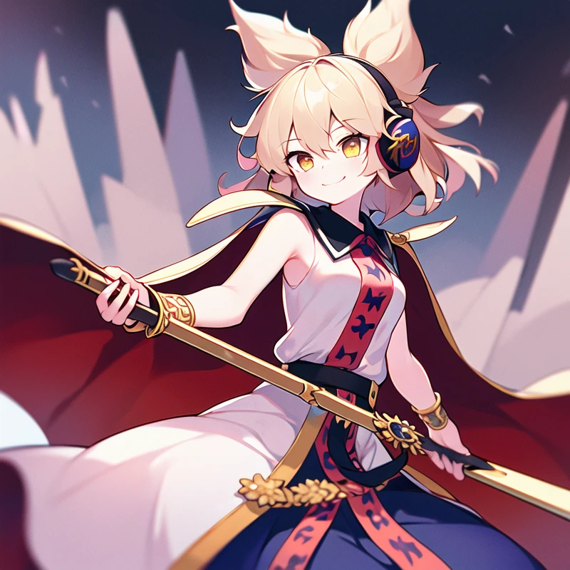 1girl, solo, masterpiece, best quality, illustration, absurdres, cute, film_grain, extremely detailed face, perfect lighting, smile, cowboy shot, <lora:toyosatomimi_no_miko:0.8>, miko_taoist, toyosatomimi no miko, short hair, pointy hair, earmuffs, bangs, small breasts, blonde hair, brown hair, brown eyes, yellow eyes, dress, skirt, shirt, sleeveless, belt, bracelet, sleeveless shirt, sheath, scabbard, jewelry, cape, weapon, sword, ritual baton,
