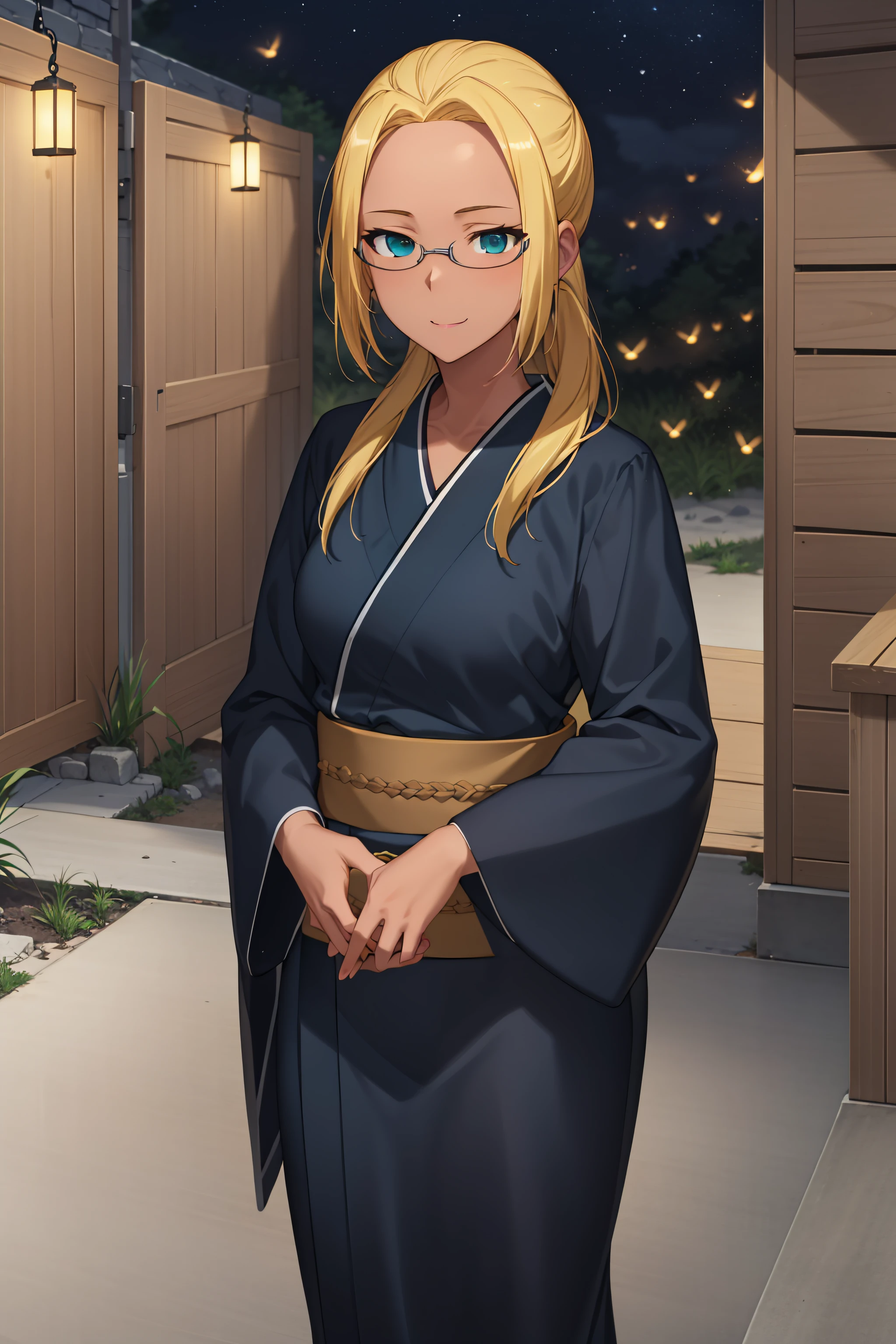 best quality, masterpiece, detailed,
<lora:AmagiBrilliantPark_Ashe:0.8>, ashe,
solo, light smile,
dark skin, blonde hair, aqua eyes, long hair, ponytail, glasses, forehead,
kimono, blue kimono, medium breasts,
standing, looking at viewer, (facing viewer:1.4),
fireflies, night, shrine, <lora:style_night:0.2>