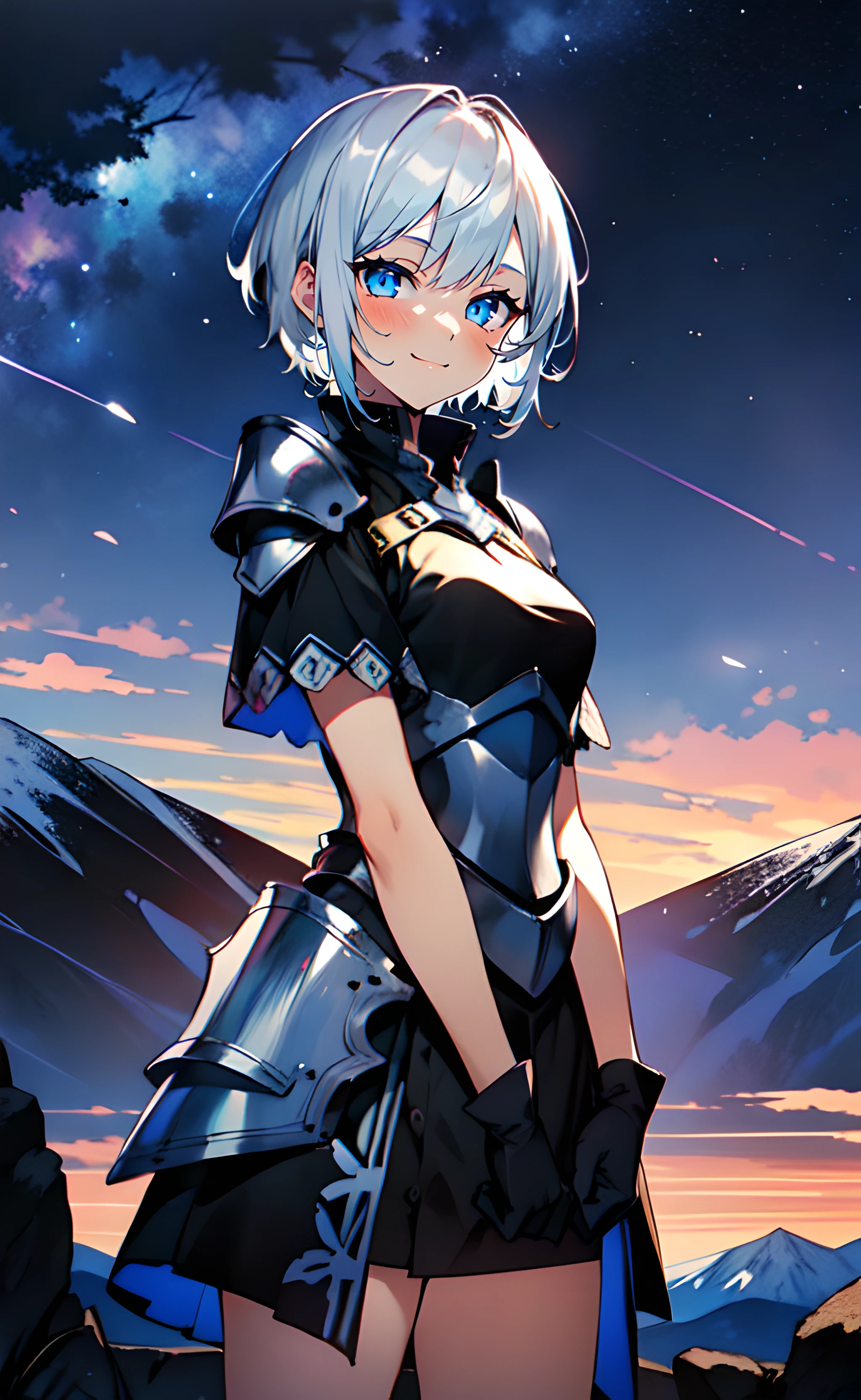 1girl, cowboy shot, standing, short hair, silver hair, blue eyes, armored dress, black dress, short sleeves, black gloves, closed mouth, smile, nature, mountain, night, night sky