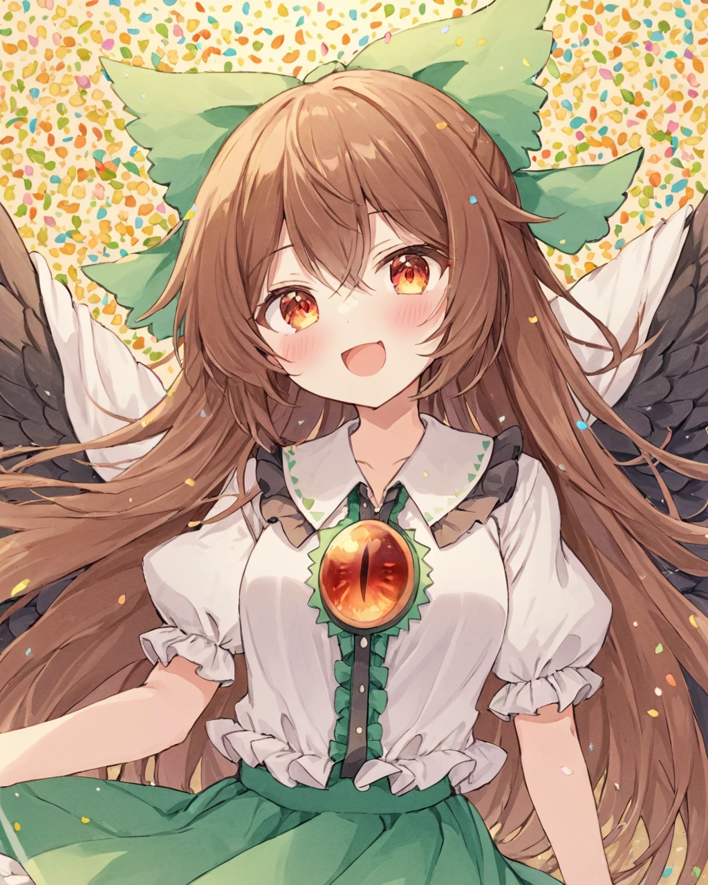 reiuji utsuho, 1girl, hair_bow, open_mouth, black_wings, solo, green_bow, looking_at_viewer, bird_wings, traditional_media, third_eye, white_shirt, feathered_wings, upper_body, puffy_short_sleeves, flower, blush, :d, confetti, skirt, frilled_shirt_collar, collared_shirt
<lora:reiuji_utsuho_image6498_2023-12-20-000005:1>,star-shaped_pupils,symbol-shaped_pupils,. gorgeous,key visual, vibrant, studio anime,award-winning, professional, highly detailed,high budget, cinemascope