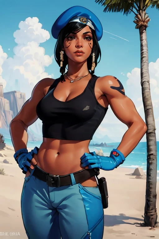 (((Luisa Madrigal from Disney's Enchanto))), toned skin, muscular, wide shoulder, (((wearing a sunglasses))), ((perfect thighs)), (((polkadot bikini))), photorealistic, ((cleavage)), masterpiece, (((wrap skirt))), beach background