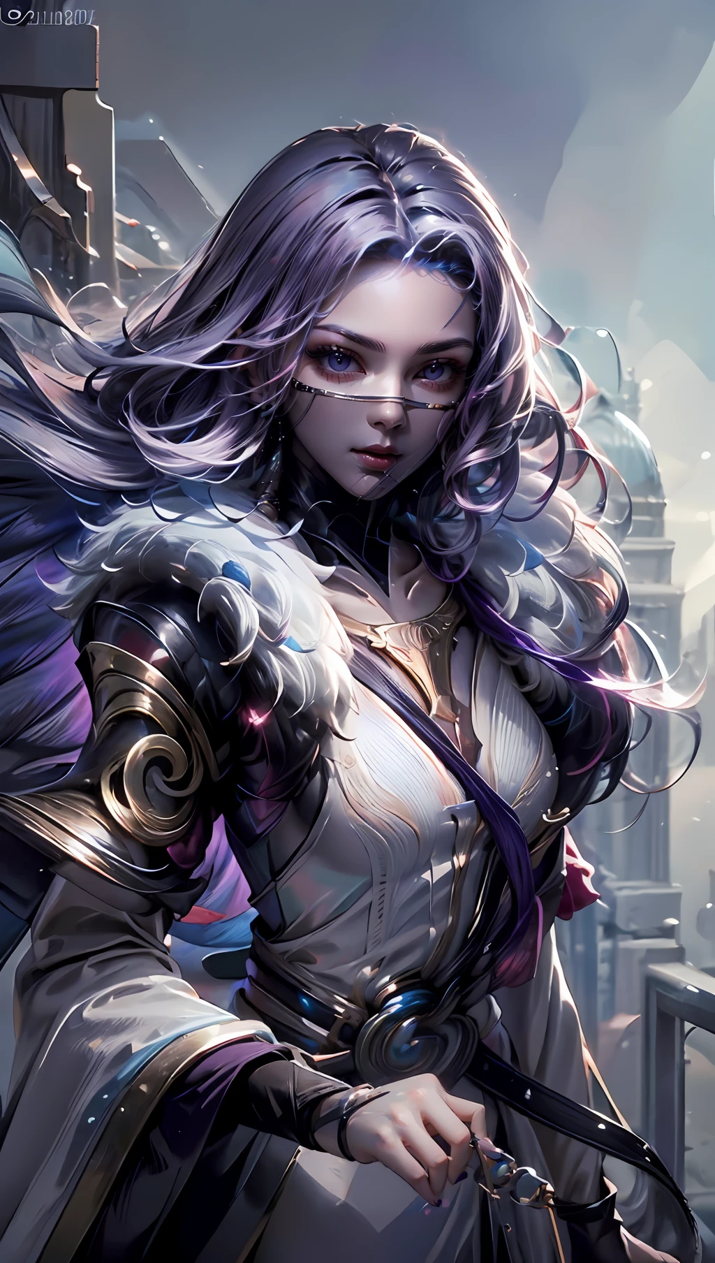 1girl,(masterpiece:1.4, best quality),medium breasts,(intricate details),unity 8k wallpaper,ultra detailed,(pastel colors:1.3),beautiful and aesthetic,detailed,solo, purple hair, luo_yi_ml, mouth veil <lora:luo_yi_ml-08:1> <lora:add_detail:0.7>