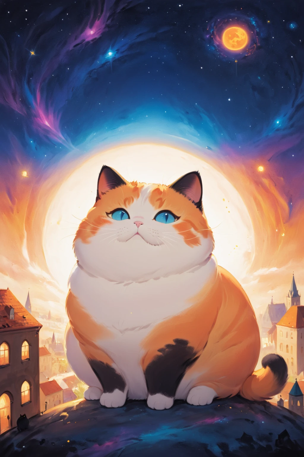 cosmic canvas, orange city background, painting of a chubby cat, <lora:Cosmic_Canvas_SDXL:1>