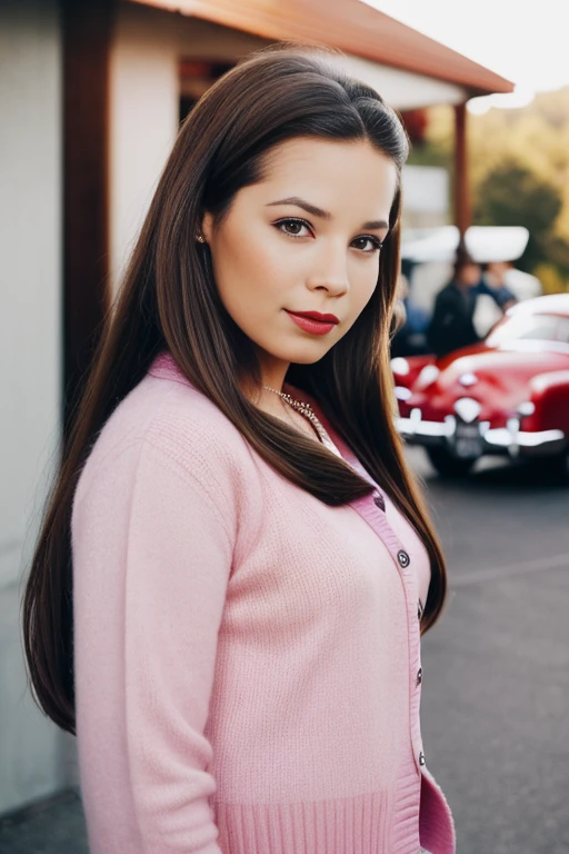 h011ym4ri3c0mb5, long brown hair, shimmering brown eyes, sfw, heart locket around neck, smile, outside 1950's drive in restaurant, standing in the parking lot, 1950's style cars in the background, pink cardigan, (white collared shirt:0.9), detailed pupils, poodle skirt, <lora:Holly_Marie_Combs_PMv1_Lora:1.3>,, ((Glamour Portrait)), detailed skin texture, (blush:0.5), (goosebumps:0.5), subsurface scattering, ((photographed by Vogue))