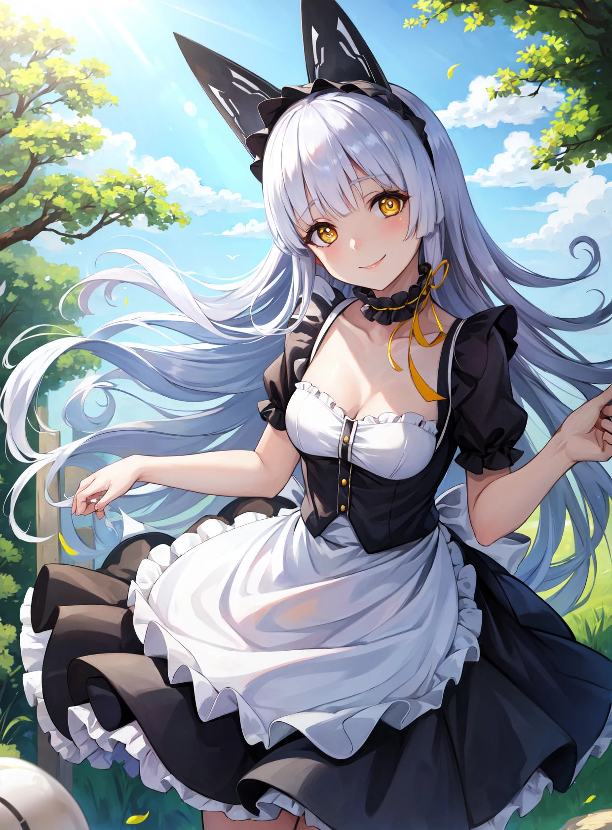 masterpiece, best quality, highres,
ObserverDef, 1girl, solo, long hair, white hair, yellow eyes, breasts, smile, bangs, brown eyes, very long hair, hairband, headgear, frilled choker,
maid, maid headdress, maid apron,
<lora:LoRA_Alpha:1>, forest, sunlight, cloudy, standing, cowboy shot, head tilt, looking at viewer,