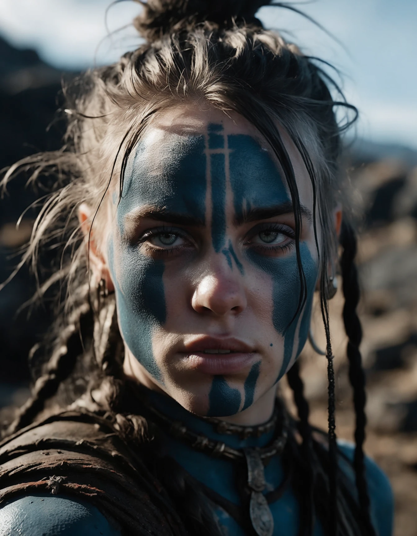 cinematic photo Close-up of (((ohwx woman))) in Hellblade: Senua's Sacrifice, emerging from black mud, long hair with dreads, war blue paint, paint fading, angry expression, dirty face, finely detailed eyes, moody, viking clothes, epic scene, epic composition, Photography, Cinematic Lighting, Volumetric Lighting, ethereal light, intricate details, extremely detailed volumetric rays <lora:billie_dh128_lora_v2:1.1> . 35mm photograph, film, bokeh, professional, 4k, highly detailed