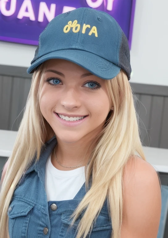 a portrait of a woman sitting in a diner, 1girl,solo,long hair,looking at viewer,smile,blonde hair,teeth,grin,black lips,denim vest, trucker hat, <lora:emmabugg:0.4>, realistic, BREAK, highly detailed, ultra detailed, hyperdetailed, BREAK, (ultra realistic) (((photo realistic))) BREAK