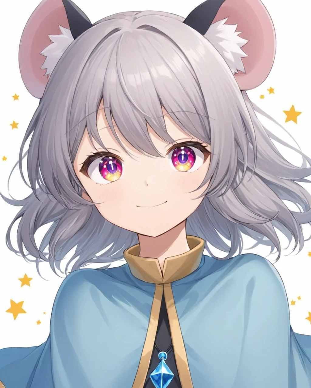 nazrin,1girl, solo, white_background, simple_background, looking_at_viewer, smile, pendant, upper_body, closed_mouth, :3, blue_capelet
<lora:nazrin_image9511_2023-12-20-000006:1>,star-shaped_pupils,symbol-shaped_pupils,. gorgeous,key visual, vibrant, studio anime,award-winning, professional, highly detailed,high budget, cinemascope