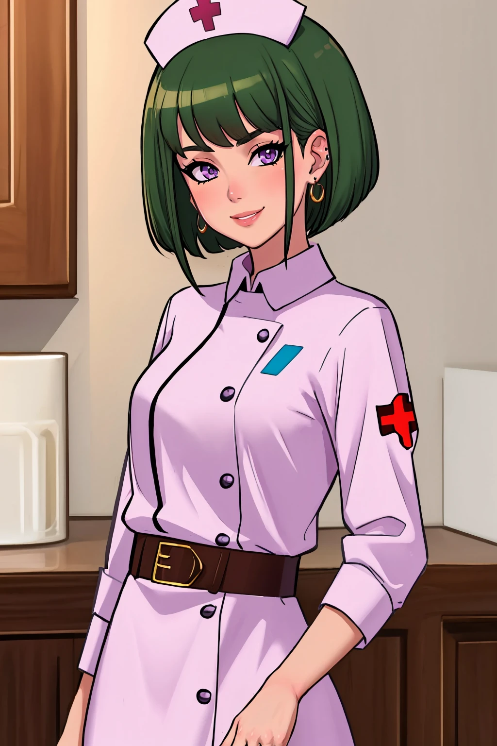 (masterpiece, best quality:1.2),  <lora:sexnote:1>, sexnote, 1girl, eyepatch, solo, hat, green hair, nurse cap, looking at viewer, earrings, short hair, purple eyes, jewelry, piercing, ear piercing, indoors, long sleeves, nurse, bangs, nail polish, belt, smile, dress, white headwear