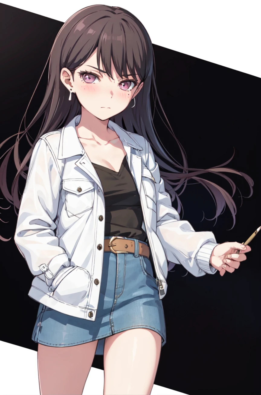 takimygo, looking at viewer, blush, skirt, simple background, shirt, long sleeves, jewelry, closed mouth, standing, collarbone, jacket, cowboy shot, earrings, open clothes, belt, open jacket, blue skirt, black shirt, white jacket, denim, black background, pencil skirt, pocket, brown belt, denim skirt