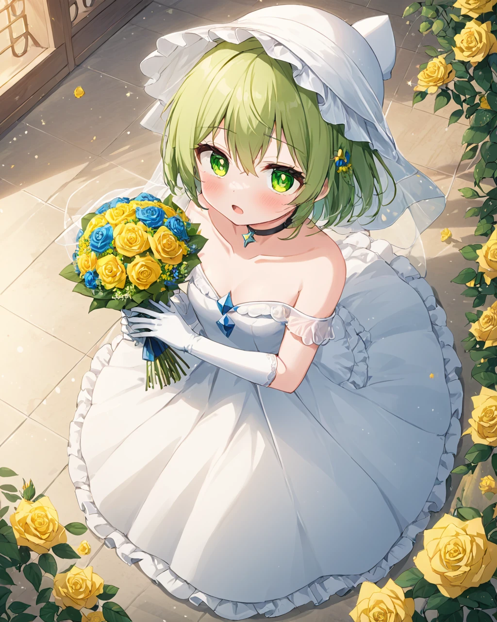 komeiji koishi,1girl, solo, third_eye, green_flower, wedding_dress, bare_shoulders, looking_at_viewer, elbow_gloves, white_dress, open_mouth, white_gloves, collarbone, eyeball, yellow_rose, holding_bouquet, bow, white_headwear, bridal_veil, choker, white_rose, alternate_costume, tile_floor, hat_flower, off-shoulder_dress, from_above, ribbon, :d, frills, blush
<lora:komeiji_koishi_image10724_2023-12-20-000004:1>,star-shaped_pupils,symbol-shaped_pupils,. gorgeous,key visual, vibrant, studio anime,award-winning, professional, highly detailed,high budget, cinemascope