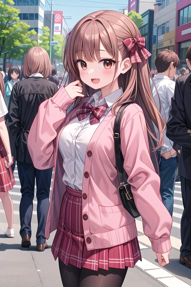 insanely detailed, absurdres, ultra-highres, ultra-detailed, best quality,
1girl, solo, nice hands, perfect hands
BREAK
(School Uniforms:1.2), (pink cardigan is fit body:1.4), ((do up a buttons, not loose):1.5), ((long sleeve, sleeves past wrists):1.2), (inner wear is white collared-shirt:1.3), (red plaid-pattern bow:1.3), (red plaid-pattern pleated skirt:1.3), ((dark-brown pantyhose, loafers):1.2) ,
BREAK
happy smile, laugh, open mouth, standing,
from side,
cute pose, cowboy shot,
BREAK
slender, kawaii, perfect symmetrical face, ultra cute girl, ultra cute face, ultra detailed eyes, ultra detailed hair, ultra cute, ultra beautiful,
BREAK
in harajuku, shibuya, tokyo, street, crowd, cityscape,
BREAK
medium large breasts,
(brown hair, brown eyes), hime cut