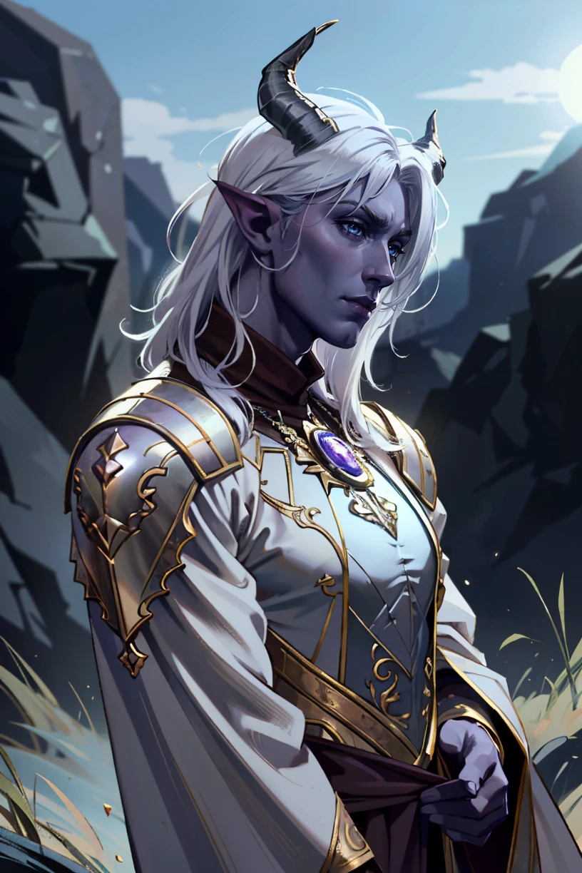((ultra detailed, masterpiece, absurdres))
BGMyDreamBoy, 1boy, solo, purple skin, blue eyes, white hair, demon horns, cowboy shot