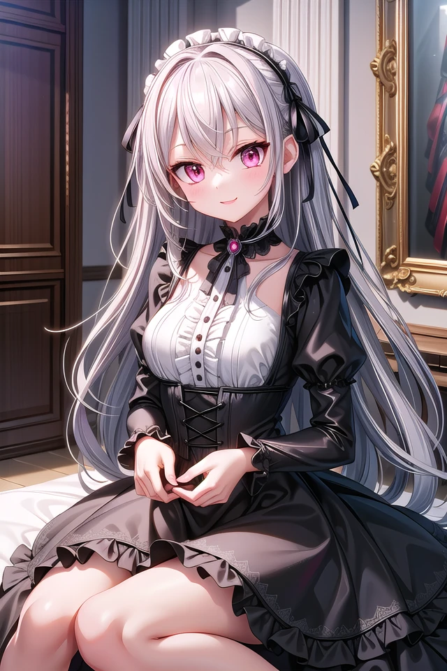 ((masterpiece:1.4, best quality)), ((masterpiece, best quality)),
one girl, cute girl, silver hair, long hair, pink eyes, smile, black gothic dress, white frill, hair dress,
indoors, castle, gothic, cute pose