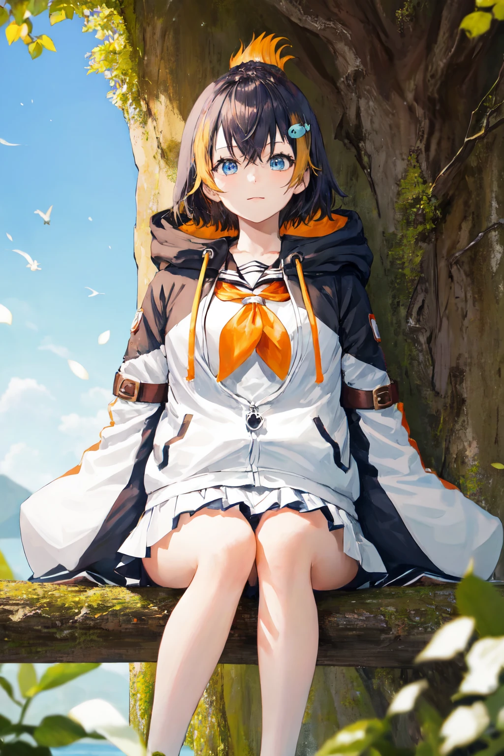 masterpiece, (detailed, highres, best quality), 1girl, <lora:sppetraGurin-10:1> gurin1st, fish hair ornament, hoodie, white hoodie, penguin hood, sleeves past fingers, sailor collar, white skirt, tail, Front view, bird, blue sky, blurry, blurry foreground, clear sky, day, feet out of frame, leaf, light particles, outdoors, sky, sunlight, swing