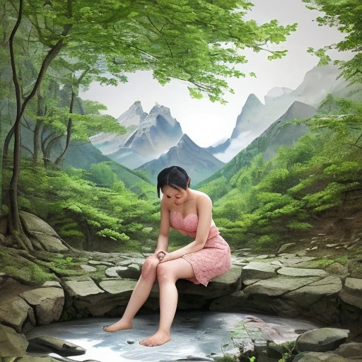 <lora:水墨-000002:1>,solo,pink,lace,shoulder dew,beautiful girl washed her feet under the mountain spring,