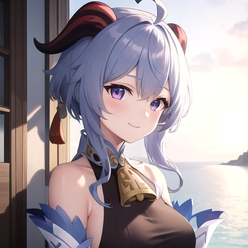 ((masterpiece)),(best quality),official art,extremely detailed CG,unity 8k wallpaper,ultra detailed,A lighthouse on a cliff by the sea,1girl,solo,upper body,(portrait:1.2),looking at viewer,pelvic_curtain,long_hair,detached_sleeves,low_ponytail,bare_shoulders,ahoge,smile,blue_hair,purple_eyes,black_gloves,bodystocking,blush,bangs,medium breasts,sideboob,sidelocks,black_pantyhose,chinese_knot,gold_trim,neck_bell,long_sleeves,goat_horns,tassel,white_sleeves,<lora:Ganyu(gen)>,