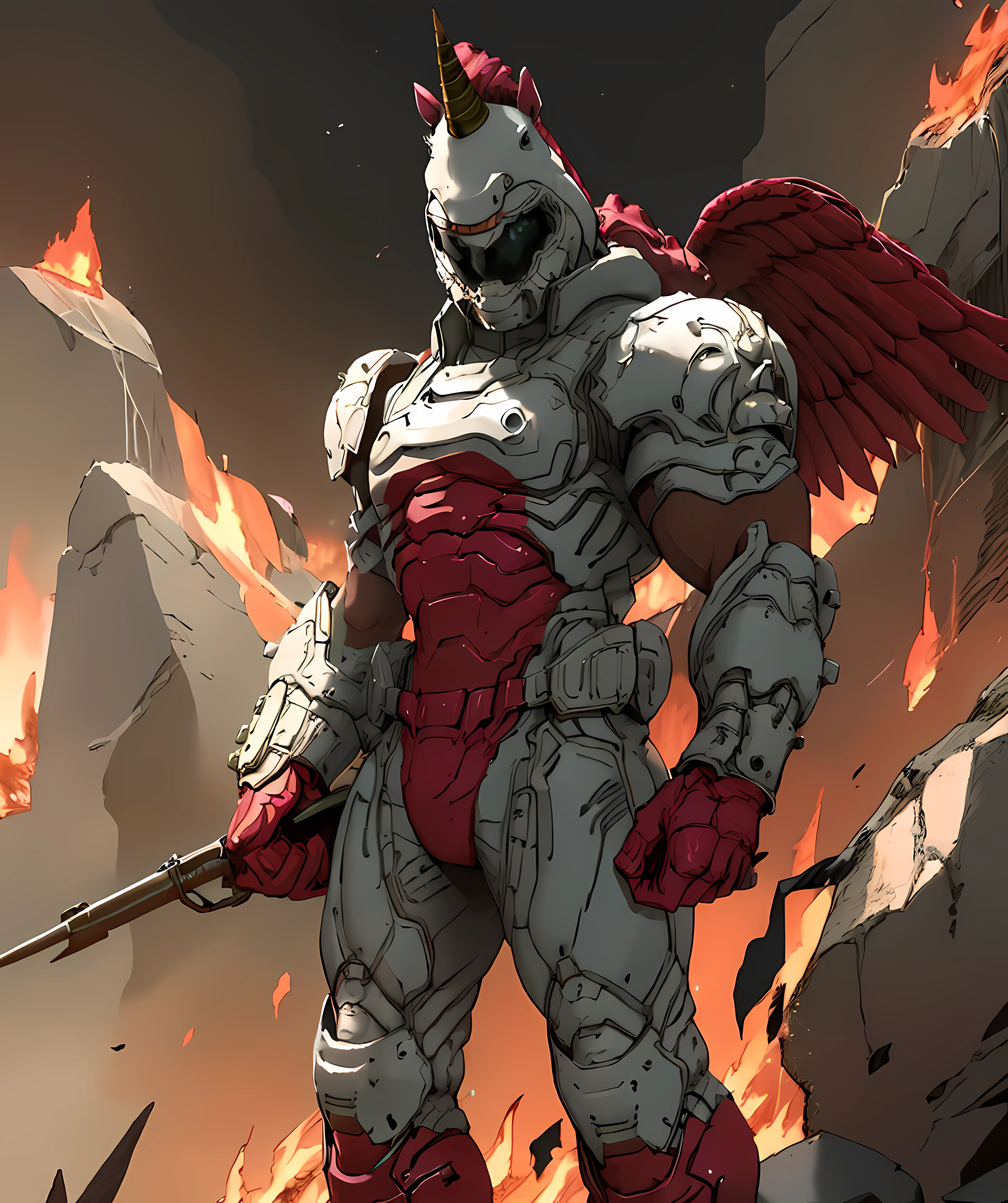 (realistic, hell background, fire, rocks), doomicorn, wing, visor, 1man, male focus, muscular, standing menancingly <lora:Doomicorn:0.85>