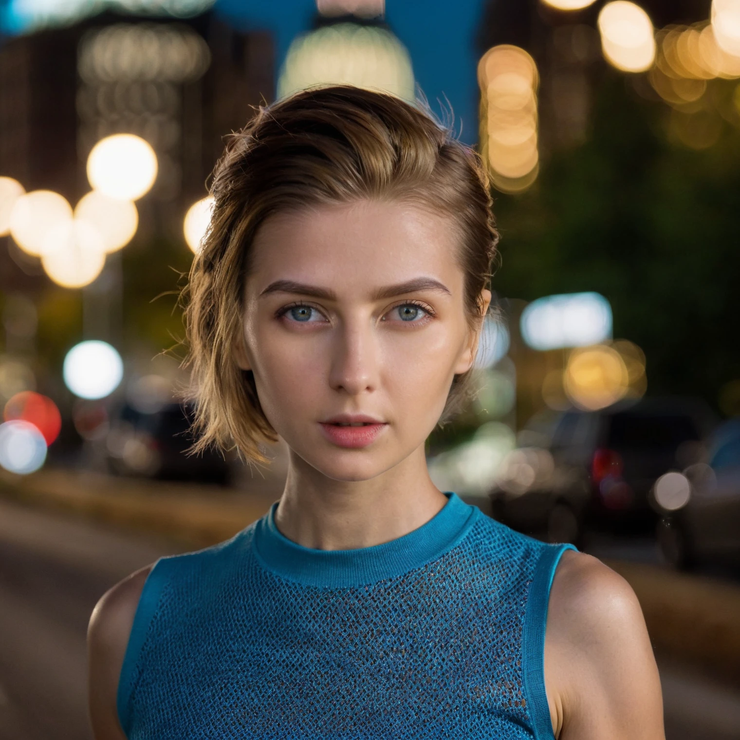 cinematic film still <lora:HelgaGrey_SDXL_v2.0-000011:1>
celebrity photography, upper body shot,
RAW, sharp, face focus, (skin pores: 0.05), straight lob cropped at chin (short hair: 0.7), hazel-blue eyes, ((ohwx woman)) hyper detailed, subsurface scattering, caustics, cinematic, against a seamless night city bokeh backdrop, in a simple crew neck top, with elegant hand at side and penetrating direct gaze, taken with Nikon Z9 and 85mm f/1.8 lens by renowned headshot photographer Daniela Dana Reyes for versatility and commercial appeal. . shallow depth of field, vignette, highly detailed, high budget, bokeh, cinemascope, moody, epic, gorgeous, film grain, grainy