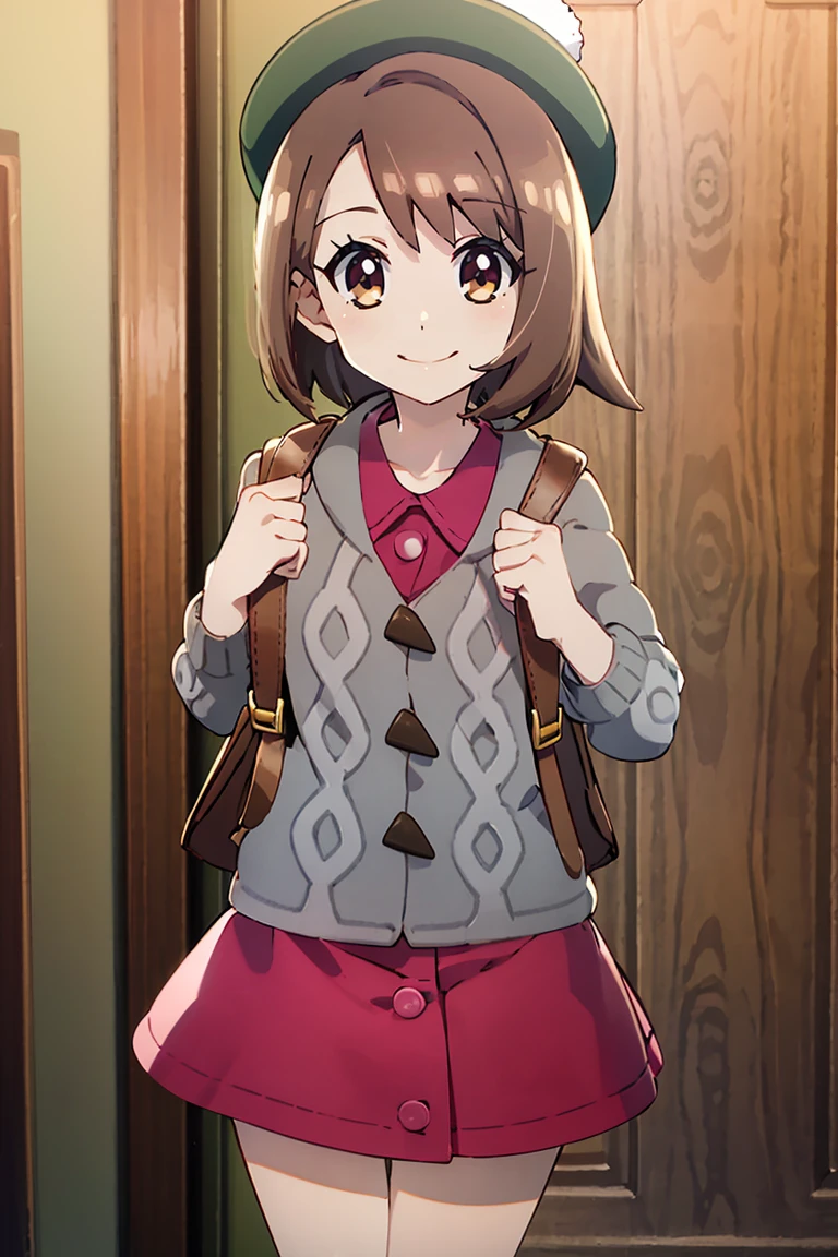 <lora:Prisma_CAT_Lora_v1:0.8>, ((masterpiece,best quality)), absurdres,  <lora:gloria_(pokemon)_v1:0.7>,  gloria \(pokemon\), brown hair, solo, backpack, brown eyes, tam o' shanter, grey cardigan, pink dress, short hair, green socks, socks, brown bag, bob cut, bangs, long sleeves, collared dress,  solo, smiling, looking at viewer, cowboy shot,  ,