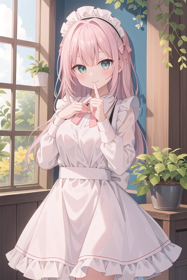 insanely detailed, absurdres, ultra-highres, ultra-detailed, best quality,
1girl, solo, nice hands, perfect hands,
BREAK
apron, blush, bow, bowtie, frilled apron, frills, long sleeves, maid, maid apron, maid headdress, waist apron, white apron
BREAK
smile, closed mouth
BREAK
finger to mouth, index finger raised, shushing, cowboy shot, looking at viewer,
BREAK
slender, kawaii, perfect symmetrical face, ultra cute girl, ultra cute face, ultra detailed eyes, ultra detailed hair, ultra cute, ultra beautiful,
BREAK
day, flower, ivy, leaf, indoors, open door, plant, potted plant, vines, window,
BREAK
white (pink:1.2) hair, green eyes, long hair, medium breasts, bangs, eyebrows visible through hair,