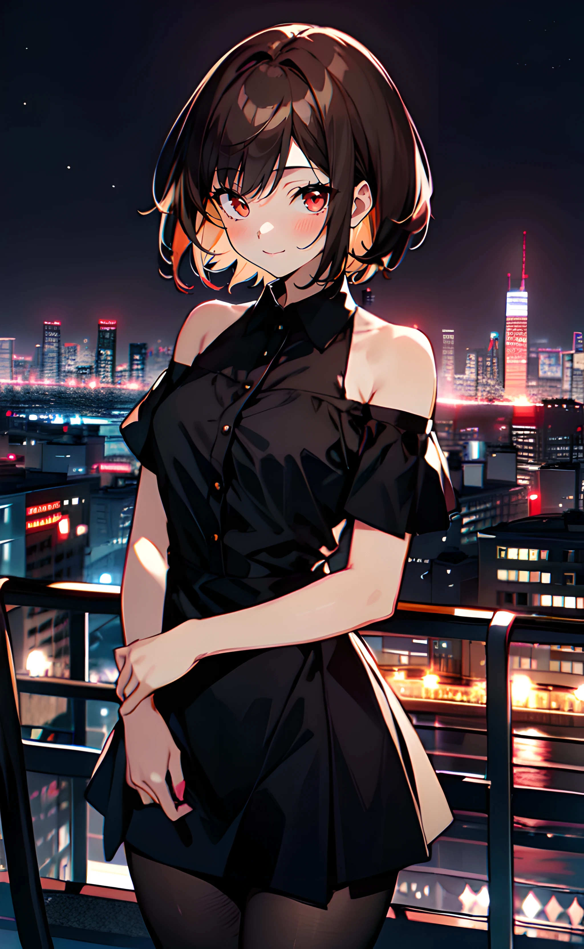 1girl, cowboy shot, standing, short hair, brown hair, red eyes, black dress, collared dress, short sleeves, shoulder cutout, black pantyhose, bare shoulders, closed mouth, smile, outdoors, city, cityscape, night, night sky