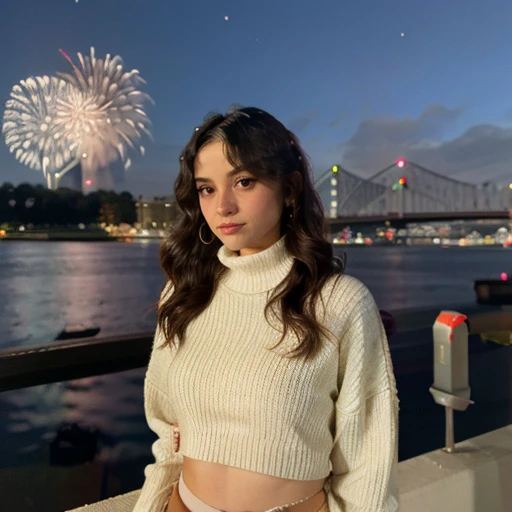 <lora:marissardell_sd15_512_128_64_v1:1>marissardell,1girl,looking at viewer, new years eve party fireworks in background, wearing a turtleneck sweater