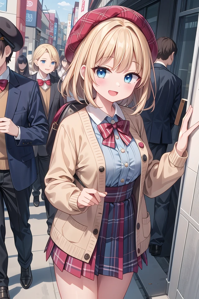 insanely detailed, absurdres, ultra-highres, ultra-detailed, best quality,
1girl, solo, nice hands, perfect hands,
BREAK
(vintage-inspired beret with flower pin:1.3), (navy and red plaid dress:1.5), (golden buttons down the front:1.2), (ivory blouse with ruffle detailing and red bow tie:1.4), (peach cardigan with cable knit pattern:1.3), (black tights:1.1), (red Mary Jane shoes:1.2)
BREAK
happy smile, laugh, open mouth, standing,
45 angle,
cute pose, cowboy shot,
BREAK
slender, kawaii, perfect symmetrical face, ultra cute girl, ultra cute face, ultra detailed eyes, ultra detailed hair, ultra cute, ultra beautiful,
BREAK
in harajuku, shibuya, tokyo, street, crowd, cityscape,
BREAK
medium breasts,
(blonde medium hair, blue eyes),
