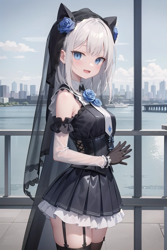 (cleavage:-1.5), insanely detailed, absurdres, ultra-highres, ultra-detailed, best quality,
1girl, solo, nice hands, perfect hands,
BREAK
(fusion of black mourning-dress and black wedding dress:1.2), (gothic dress:1.3), (light-blue and black theme:1.3), ((black mourning-veil, black see-through wedding-veil):1.5), ((black latex corset, light-blue breast-cup):1.4), (short puff-sleeve:1.3), ((white collar, tie-bow):1.3), ((ruffle-skirt, multilayer-skirt):1.4), ((stockings, garter belt):1.3), (see-through long gloves:1.3), (blue rose decoration on head:1.3), (high heels:1.1)
BREAK
happy smile, laugh, open mouth,
standing,own hands together,
from side, cowboy shot,
BREAK
slender, kawaii, perfect symmetrical face, ultra cute girl, ultra cute face, ultra detailed eyes, ultra detailed hair, ultra cute, ultra beautiful,
BREAK
ultra detailed background, day, blue sky, (cityscape of tokyo in background, bay side, panorama view:1.3), (evening:-1.5),
medium breasts, white hair, blue eyes