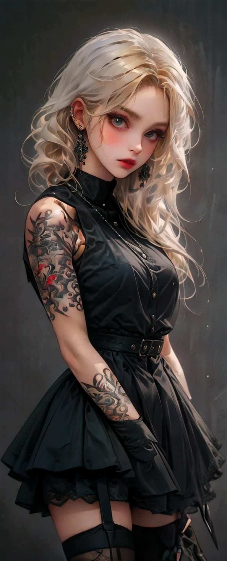 1girl,
black stockings,gothic,1 girl,high quality,masterpiece,white hair,earrings,makeup,black stockingsgothic,gothic,<lora:gothic_01:0.8>,
blonde hair,tattoo,