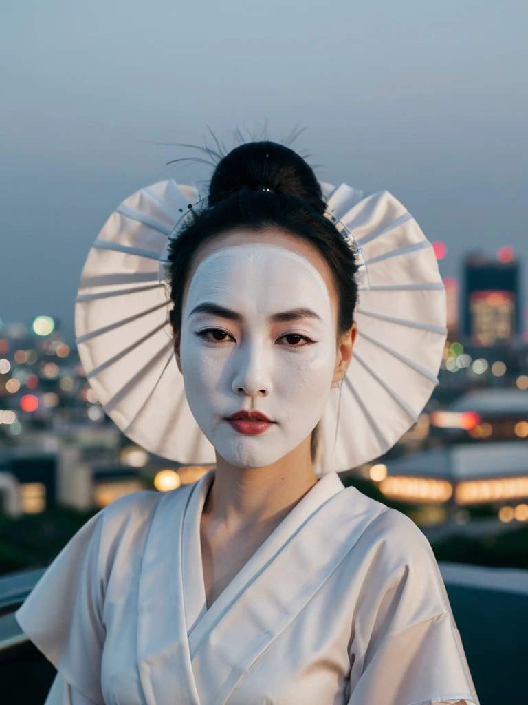 <lora:rnk-29:1> rnk,japanese kepatsu hair,white painted face ,japanese satin dress,close-up,front view,masterpiece,night,cityscape,neon lights,8k,uhd,soft lighting,on the roof of a skyscraper