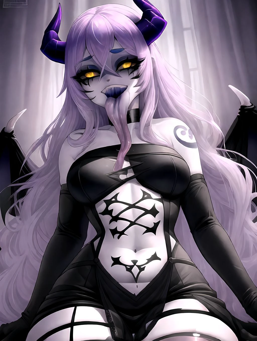 best quality, highest quality, masterpiece, high resolution,  clean picture, smooth picture, high details, (demon theme, elegant, graceful, stylish, classy, exquisite, gorgeus, beautiful, graceful, cultured, majestic, female of class, stunning), BREAK,
succubus queen, demon queen, big horns, bat-like wings, tail, BREAK (blue skin, cracked skin, scars, infernal tattoos, glowing runes), BREAK ,
long hair, very long hair, absurdly long hair, big hair, hellfire violet hair, BREAK ,
big eyes, yellow eyes, (slit pupils), full lips, black lipstick, BREAK demon crown, choker, revealing dress, midriff-baring, BREAK,
lngtng, tongue out, (long tongue), open mouth, white teeth, uvula, (smirk, smug), saliva, <lora:Long_Tongue_V2:1>