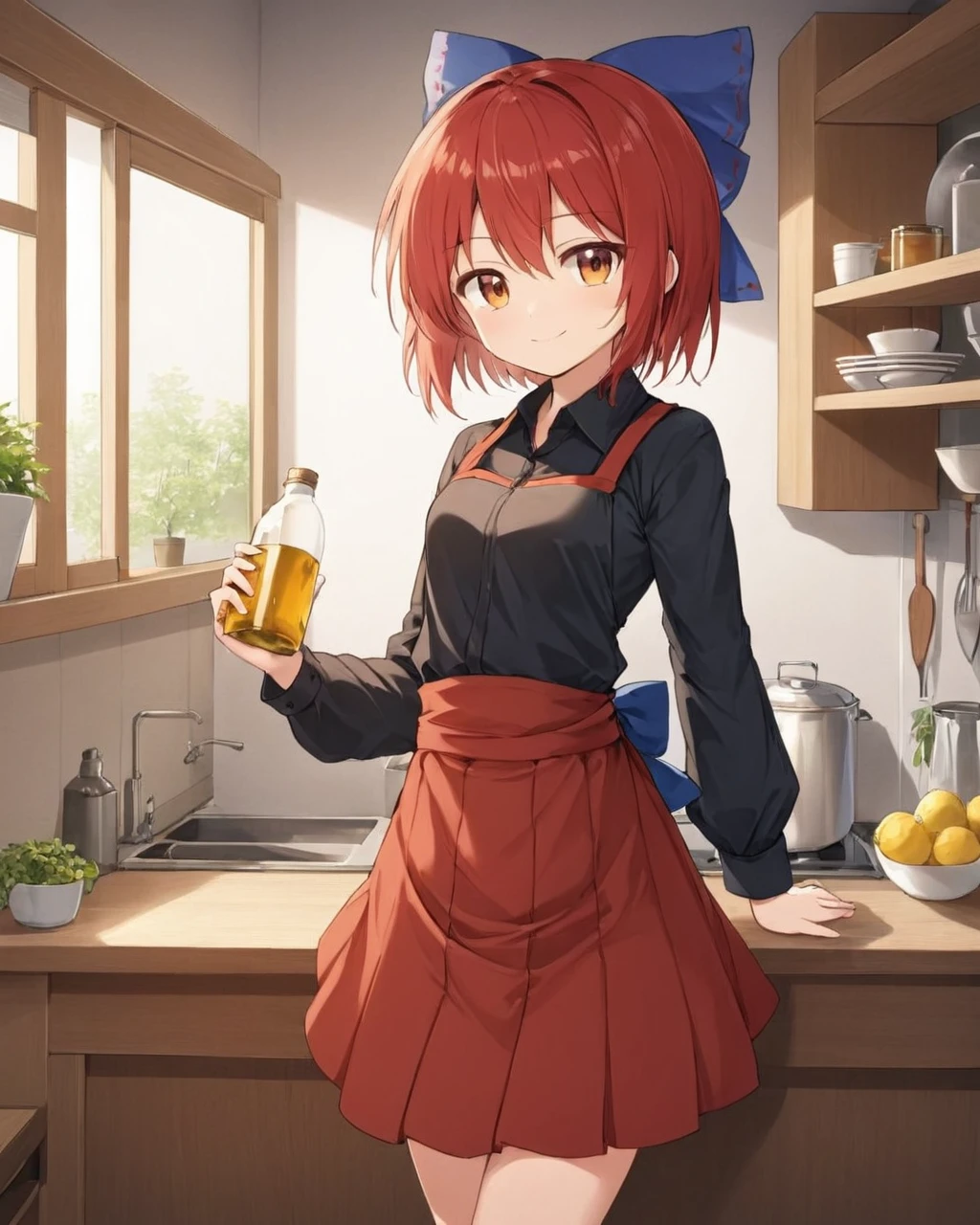 sekibanki,1girl, solo, red_skirt, hair_bow, black_shirt, blue_bow, apron, looking_at_viewer, indoors, holding, bottle, cowboy_shot, long_sleeves, kitchen, standing, miniskirt, shelf, smile, cutting_board, light_smile, sleeves_rolled_up, collared_shirt, sweatdrop
<lora:sekibanki_image5492_2023-12-20-000008:1>,star-shaped_pupils,symbol-shaped_pupils,. gorgeous,key visual, vibrant, studio anime,award-winning, professional, highly detailed,high budget, cinemascope
