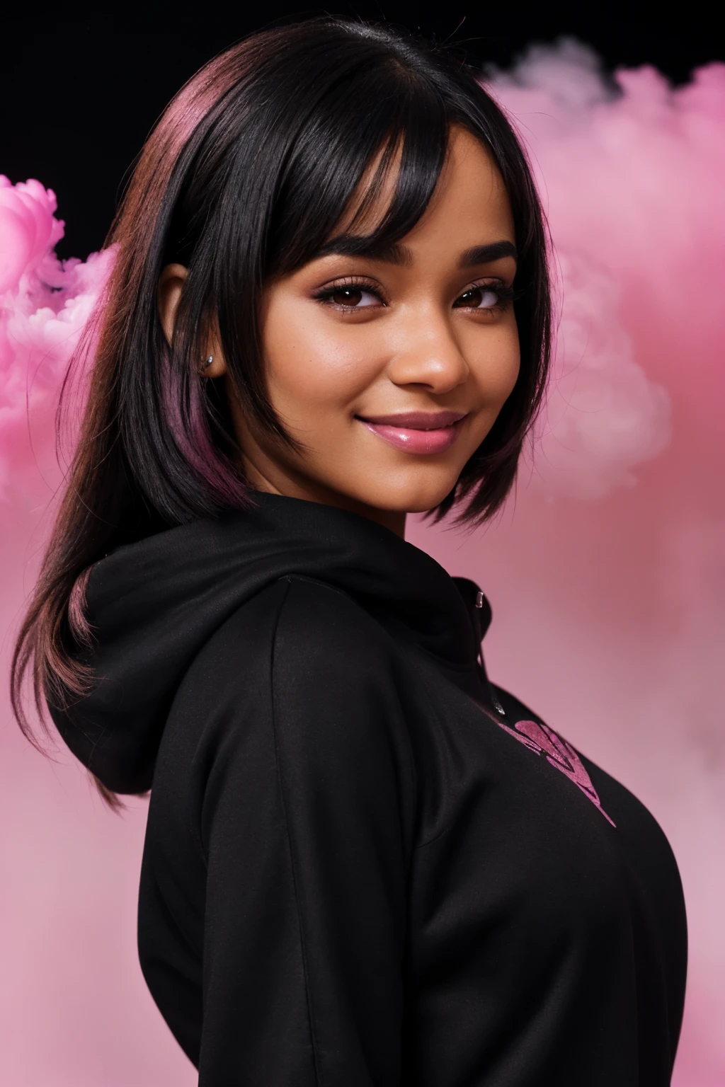 DV_Lianelle_Vicious ((Black Theme, Black backdrop:1.4)) (Close-Up Shot, headshot:1.4) (Brunette hair :1.4)wearing (Black sweatshirt :1.4) 35mm, F/2.8 ((Photo Focus, DOF, Aperture, insanely detailed and intricate, character, hypermaximalist, elegant, ornate, beautiful, exotic, revealing, appealing, attractive, amative, hyper realistic, super detailed, heresy flares)) (smiling at viewer:1.3)(volumetric pink smoke:1.3) (pink lens flare:1.2)(sharpness:1.3)(details:1.3)