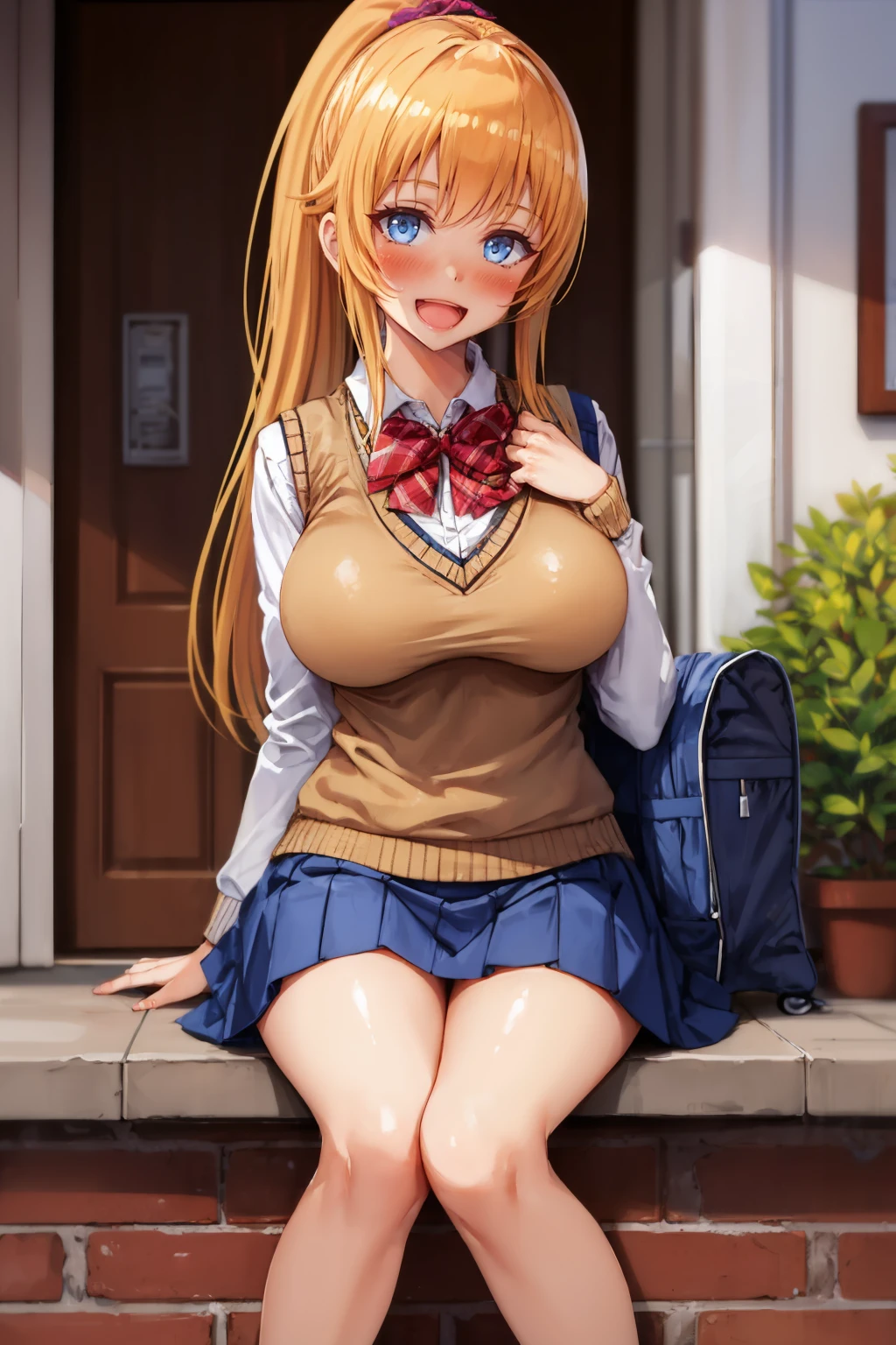 (masterpiece, best quality:1.2), <lora:hotmelon:1>, hotmelon, 1girl, solo, blonde hair, blue eyes, skirt, long hair, smile, blue skirt, open mouth, large breasts, bag, sitting, sweater vest, ponytail, pleated skirt, looking at viewer, blurry background, shirt, blush, white shirt, outdoors, school uniform, blurry, bangs, school bag, :d, blue bag